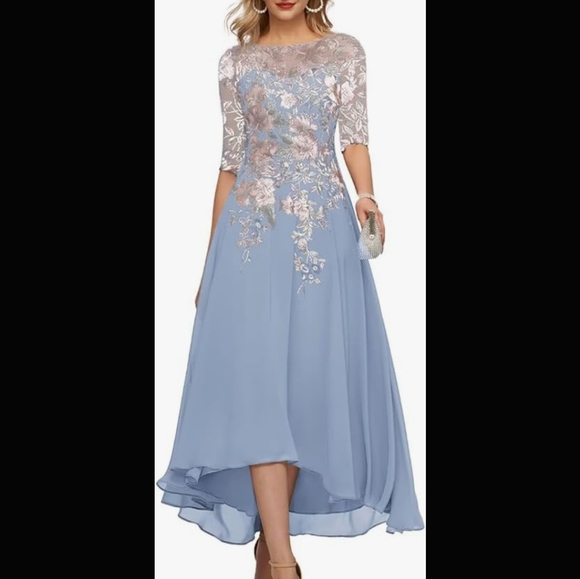 Pastels Lace Chiffon Tie Close Back Midi Tea Length Gown Prom Fairy Event Dress - Picture 1 of 15